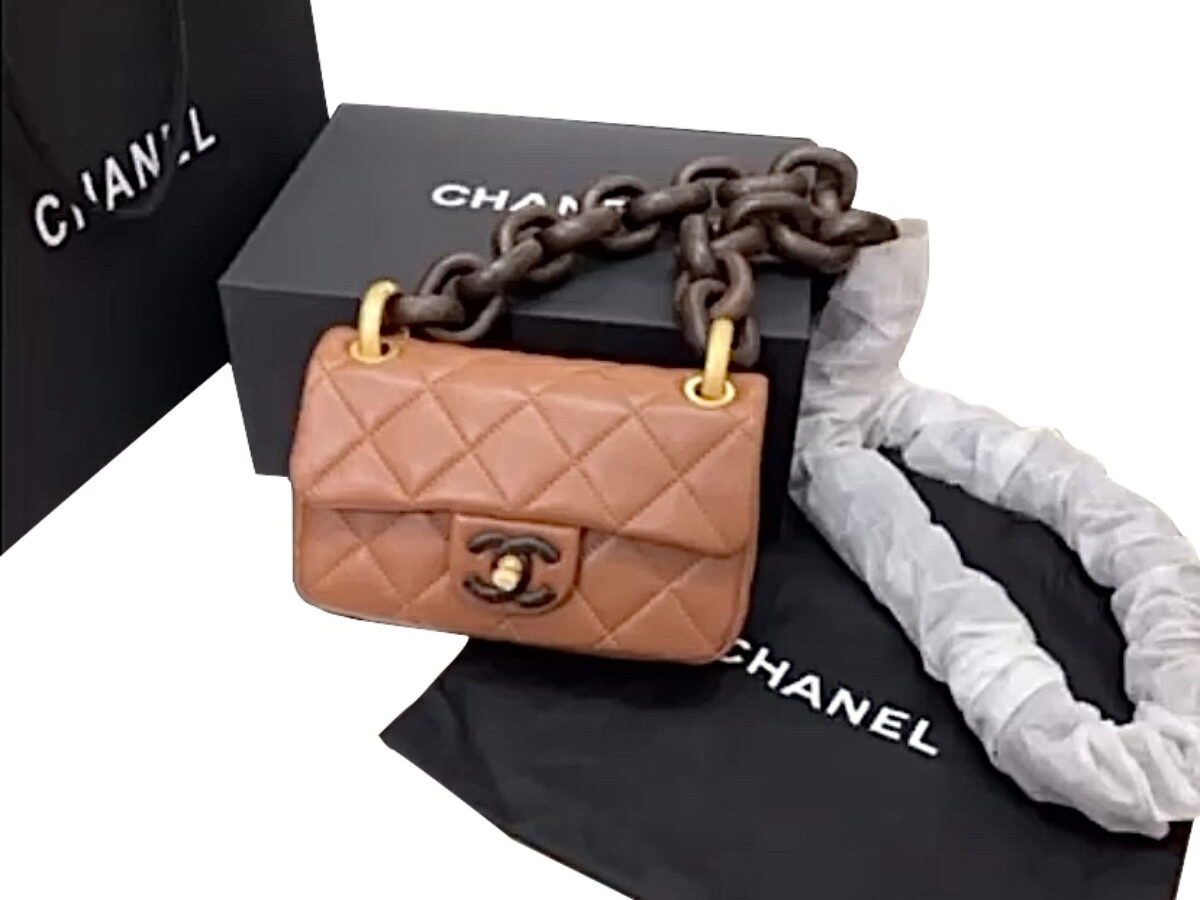 Chanel Mini Orange flap bag SS23 Chunky Chain Wenge Wood AS4165