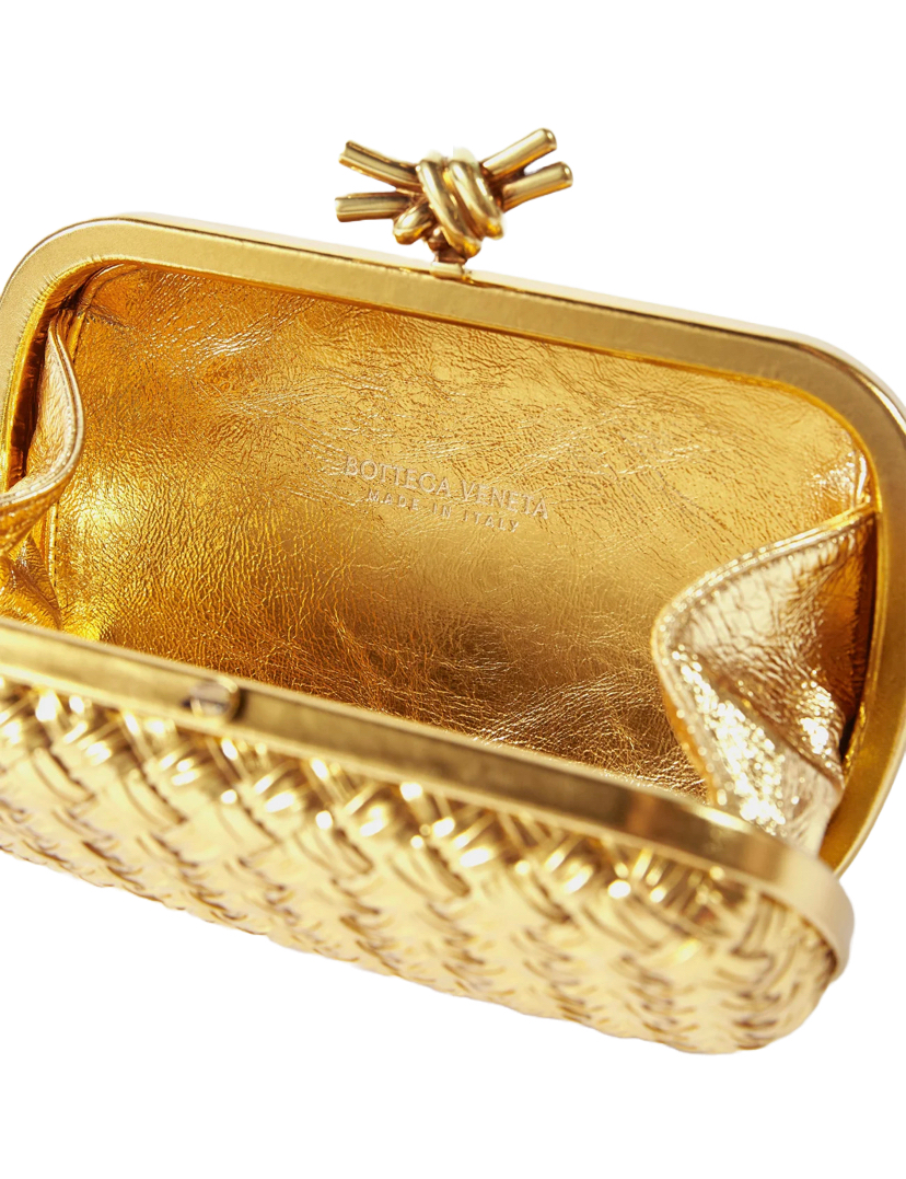 Bottega Veneta Gold Satin Intrecciato Satin and Ayers Knot Clutch Bag -  Yoogi's Closet