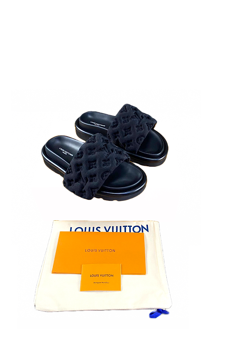 Louis Vuitton, Shoes, Black Lv Pool Slides
